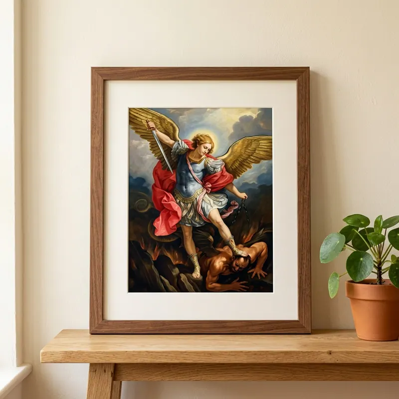 Cuadro de San Miguel Arcángel con marco de madera