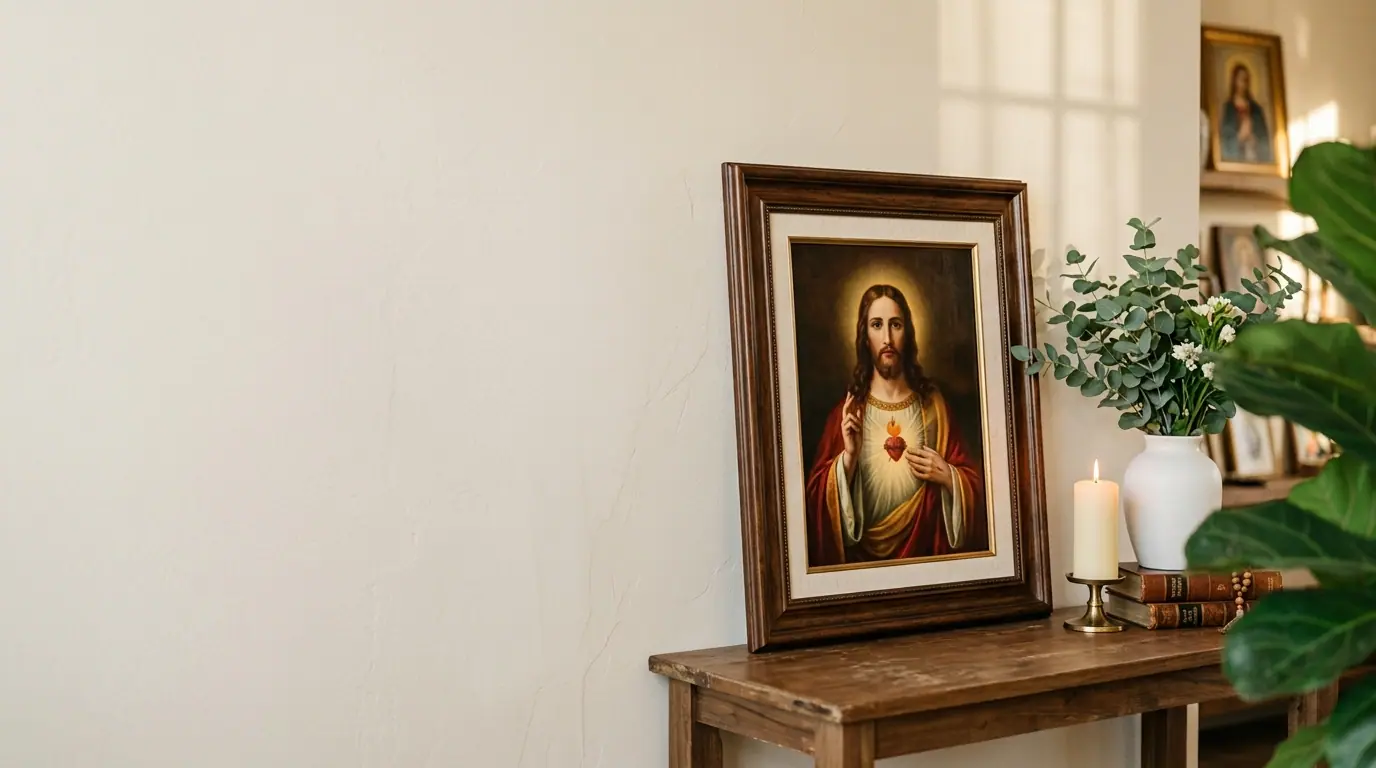 Cuadro del Sagrado Corazón de Jesús con marco de madera en una sala iluminada